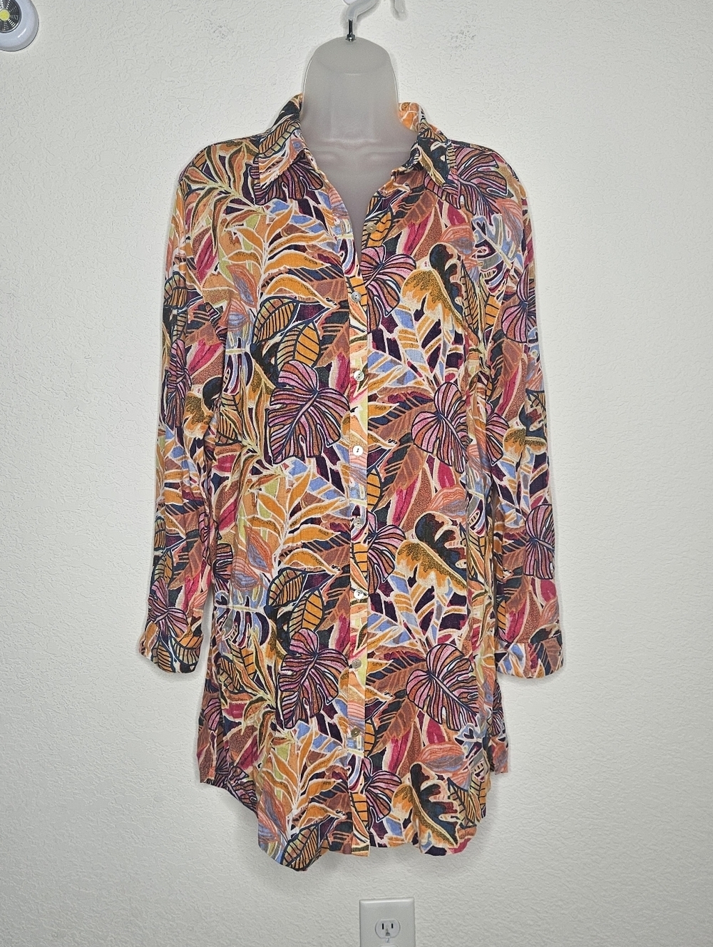 NWT C & C California Beachwear Linen Blend Tropical Print Long Sleeve Tunic